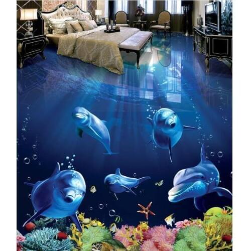 Modern Custom 3D Floor Mural Beautiful Dolphin Underwater World 3D Bathroom Non-slip Waterproof Self-adhesive PVC Wallpaper