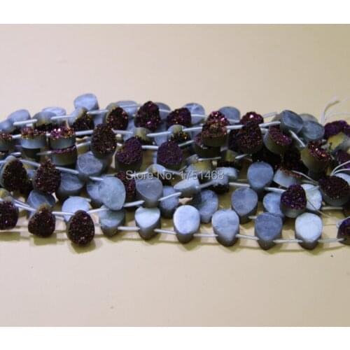 Titanium Purple Druzy Face Charms Teardrop Flat Beads Pendants, Top Drilled Drusy Stone Quartz Coin Slab Beads for Women Jewlery