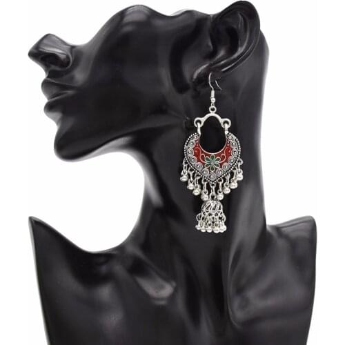 Vintage Red Enamel Bells Tassel Earrings for Women Bohemian Carved Flower Metal Indian Jhumka Earring Tribal Jewelry Gift