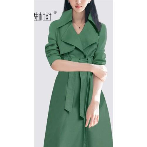 2021 new autumn temperament elegant green medium and long British fashion casual knee length windbreaker coat women