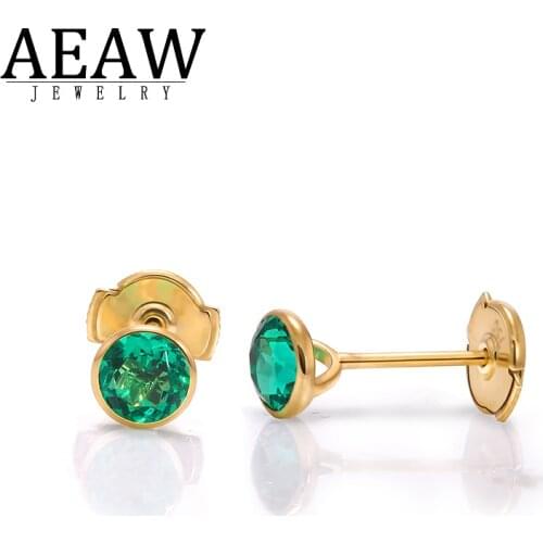 1.0ctw 5.0mm Round Cut Lab Colombia Emerald Earring Solid Real 18k Yellow Gold Push Back Bezel Setting Certificated