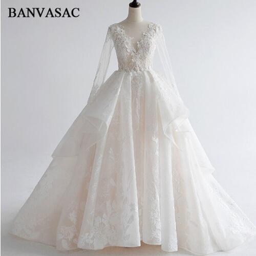 BANVASAC 2018 Vintage Real Photos Ball Gown Wedding Dresses Long Sleeve Lace Appliques Flowers Cathedral Train Bridal Gowns