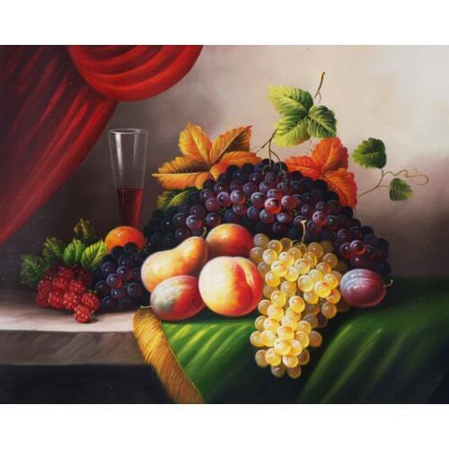 Free shipping fruit still life red curtain green tablecloth set oil painting canvas prints on canvas wall art decoration picture