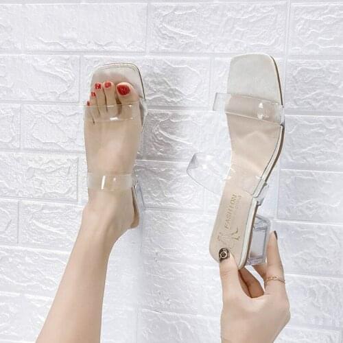Transparent Mid-heel Sandals Women 2020 Summer New Thick Heel Crystal Slippers Wild Outside Wear Open-toe High Heels Sexy Cute