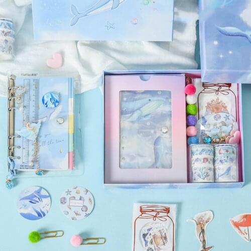 44Pcs Kawaii Ocean Starry Sky Diary Journal PP Transparent Loose Leaf Notebook Stationery Set Clips Stickers Tape Gift Box