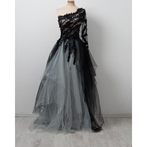 One Shoulder Long Sleeves Muslim Prom Dresses Appliques Tulle Evening Gowns Caftan Arabic Dubai Prom Dress 2020