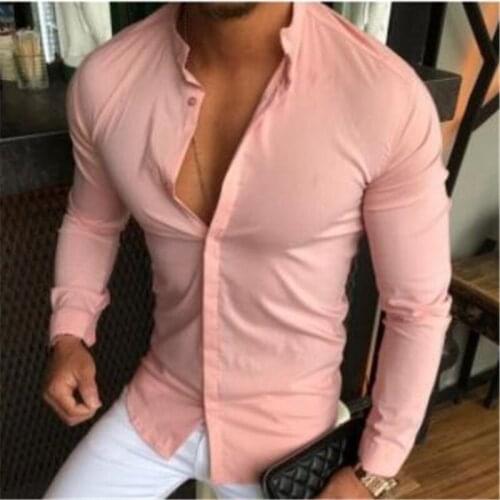 2019 New Brand Solid Cotton Button Men Shirts Slim Fit V Neck Long Sleeve Muscle Tees Casual Shirts Tops New Males' Blouses