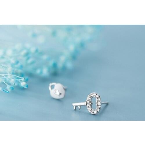 MloveAcc 925 Sterling Silver Soft CZ Key and Lock Asymmetry Stud Earrings for Women Wedding Fashion Jewelry