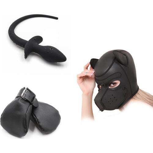 Puppy play 3 pcs slave prop costume Dog Hood with muzzle, Dog Tail Butt Plug,Dog palm gloves,offers visual and functional appeal