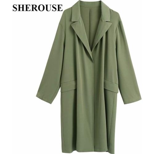 SHEROUSE 2021 Women Fashion With Pockets Oversized Solid Long Trench Coat V-Neck Long Sleeve Vintage Female Coats Chic Outfits