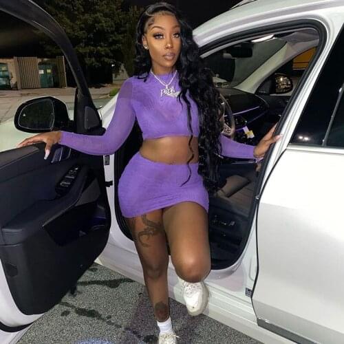 Sexy Mesh Sheer 2 Piece Set Women Skirt and Top Mini Skirts Sets Long Sleeve Boydcon Dress Suits Festival Clothing Club Outfits