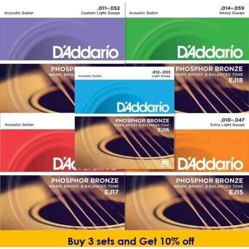 D'addario Phosphor Bronze Wound Acoustic Guitar Strings EJ15 EJ16 EJ17 EJ26