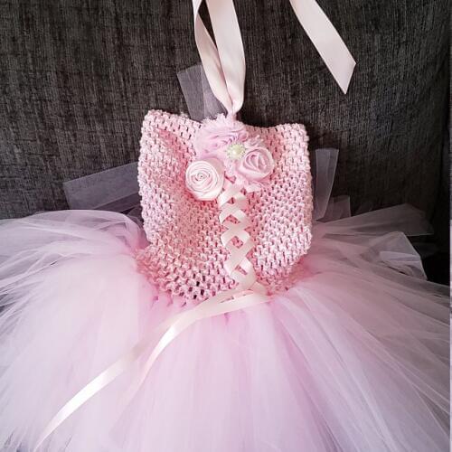 Girl Light Pink Fluffy Ballet Tutu Dress Baby Birthday Party Floral Princess Flower Girl Wedding Gown kids Ribbon Tulle Dress