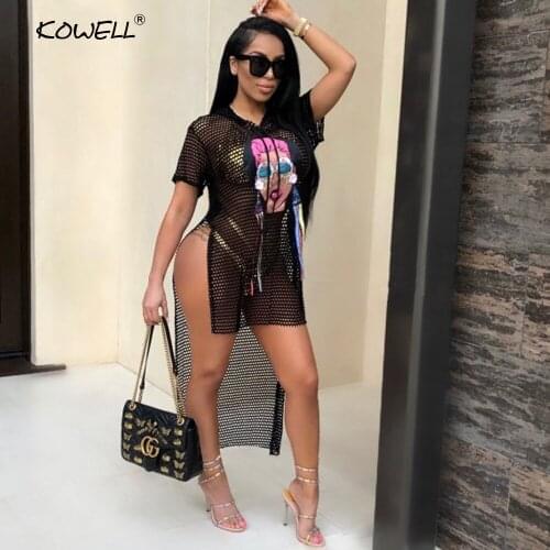 Kowell Sexy transparent mesh knitting t-shirt Women hood hoodie high split shirt Summer character print asymmetric tops & tees