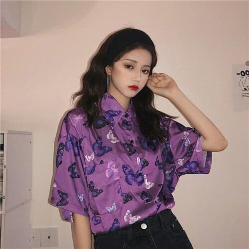 Blouse Women Vintage Harajuku Button Up Shirt Short Sleeve Cardigan Korean Fashion Purple Blouse Women Vintage Harajuku