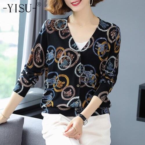 YISU Printed cardigan Sweater Women Autumn Winter Loose Casual Cardigan Female Tops Coat Long sleeve V-neck cardigan coat Women
