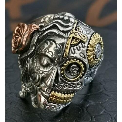 925 sterling silver skull ring men devil & angel skull rose Silver Rings A1024