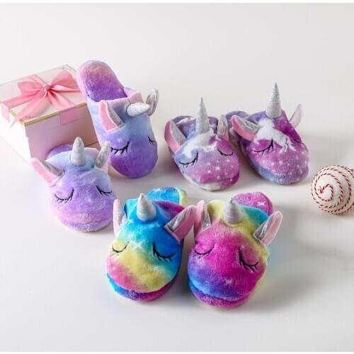 Winter Animal Cartoon Unicorn Slippers Rainbow Unicornio Kigurumi Pajamas Anime Costume Shoes Homewear Boys Girls for 2-12Years