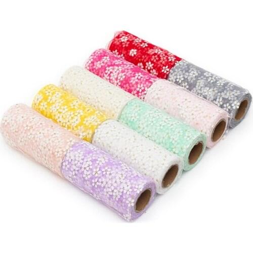 10cm/12cm/15cm*25y Gold Stamping Small Plum Blossom Tulle Daisy Mesh Roll DIY Craft Birthday Party Supplies Wedding Decoration