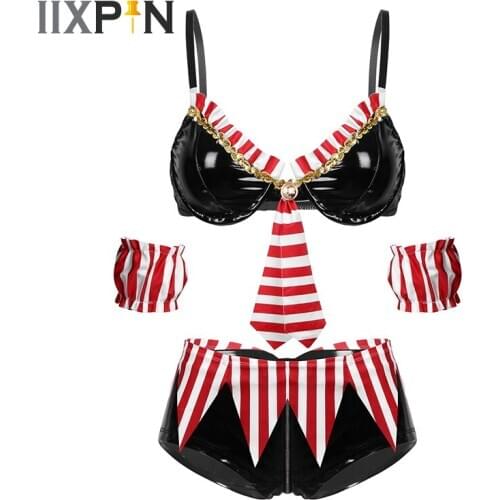 4Pcs Womens Wet Look Patent Leather Lingerie Set Sexy Sailor Cosplay Costume Ruffle Trim Bra Top Zippered Panties Underwear Set