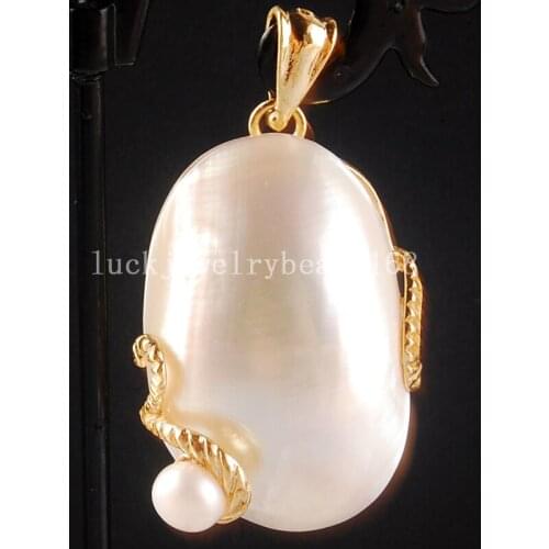 Free Shipping Women Fashion Jewelry 30x45x13mm Beautiful White Mother of pearl Shell Oval Pendant Bead C3839