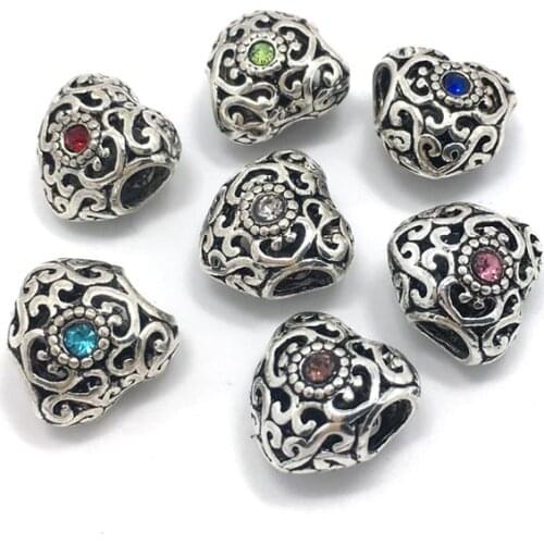 Free shipping 50pcs 14mm heart mix color rhinestone big hole alloy beads fit European bracelet DIY fashion jewelry Accessories