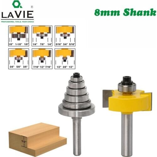 LAVIE 2PCS 8mm Shank Rabbet Router Bit with 6 Adjustable Bearings Tenon Milling Cutter Cemented Carbide Woodworking Bits MC02049