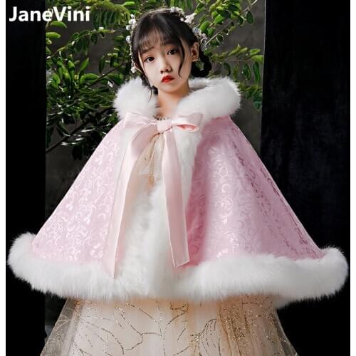 JaneVini New Arrival 2021 Flower Girls Hooded Cloak Bolero Winter Warm Pink Faux Fur Shawl Wrap Shoulder Cape Wedding Dress Coat