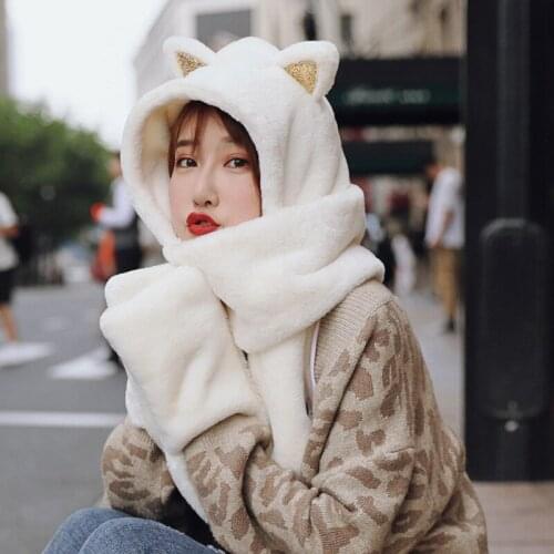 Fasion Winter Women Novelty Caps Warm Cute Bear Ear Hat Casual Plush Hat Scarf Gloves Set Casual Solid Fleece Women Caps