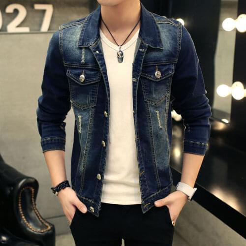 Mens Denim Jacket, Casual Slim Dark Blue
