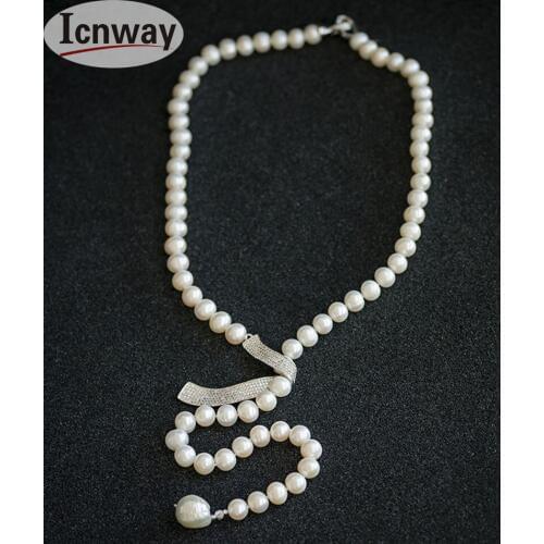 Natural 8-9mm white Round Freshwater Pearl Beads gp clasp 34inches necklace FreeShipping Wholesale