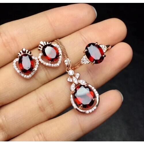 Natural red garnet gem Ring Pendant Earrings Natural Gemstone Jewelry Set 925 Silver Fashion Bow Feet Women party gift jewelry