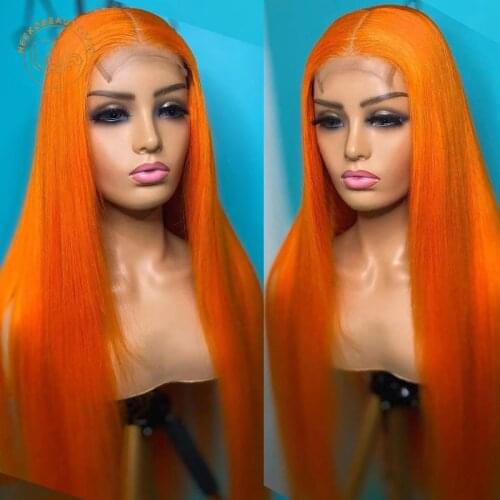 Orange Lace Frontal Wigs Pink Lime Green Grey Ginger Orange Straight 13X4 Lace Front Wig 180% Density Colored Human Hair Wigs