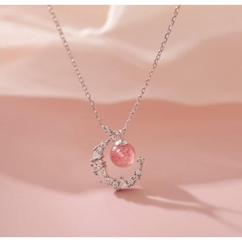 Silver Plated Stunning Stackable Zircon Moon Cute Round Strawberry Crystal Pendant Necklace For Women Jewelry