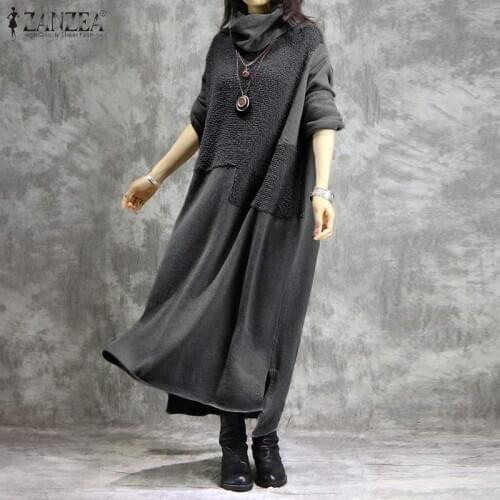 ZANZEA Casual Sweatshirts Fashion Turtleneck Hoodies Dress Womens Autumn Sundress Pullovers Female Pacthwork Robe