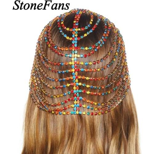 Stonefans Boho Handmade Colorful Rhinestone Headband Chain for Women Bling Crystal Bridal Head Chain Indian Wedding Jewelry