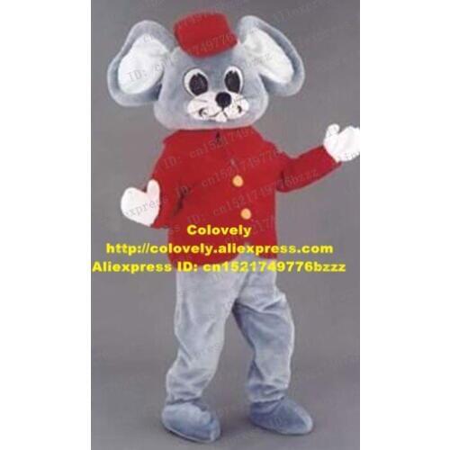 Happy Gray Mouse Rat Mice Mascot Costume Adult Size With Red Small Peaked Cap Big Gray White Ears Long Beard No.5086 FS