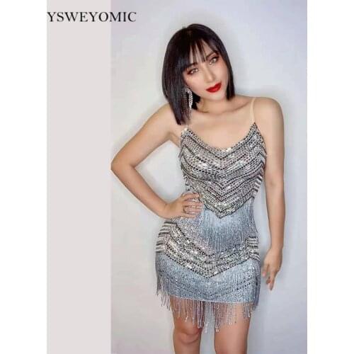 Sexy Nightclub Bar Party Outfit Dancer Costume Tassel Rhinestones Slip Mini Dress Latin Dance Stage Singer Performance Dress