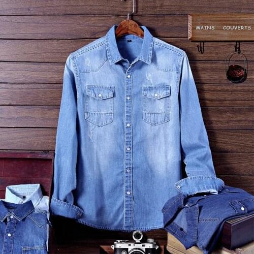 Spring Autumn Men Denim Thin Shirt Long Sleeve Two Pockets Jeans Cardigan Casual Slim Fit Shirts Clothing