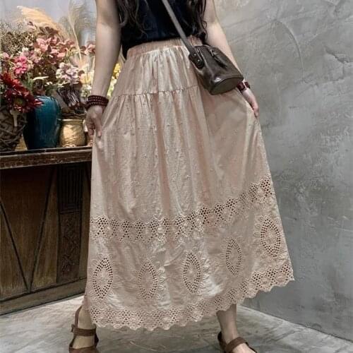 2021 Spring Autumn Literature Art Hollow Embroidery Skirt Women Loose Cotton Mid-Length Casual A-Line Skirt Women