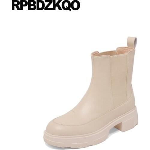 Brand Shoes European Slip On Platform Women Ankle Boots Medium Heel Short Fall Chunky Beige Round Toe Winter Chelsea Stretch