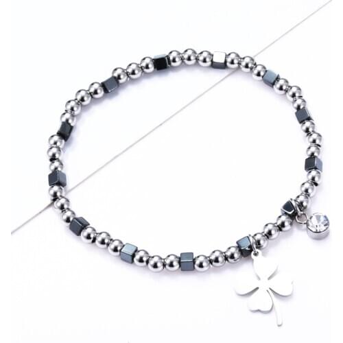 Womens Bracelet with Stainless Steel Clover Owl Animal Charms Black Beaded Adjustable Bracelet Female Fashion Jewelry 2020
