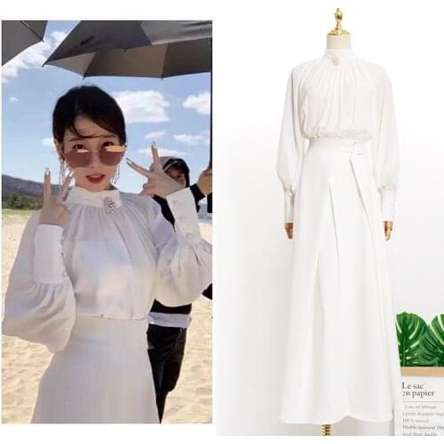Kpop IU Lee Ji Eun Party Temperament White Stand Collar Long Sleeve Shirt + Elegant High Waist Long Skirts Two Piece Set Women