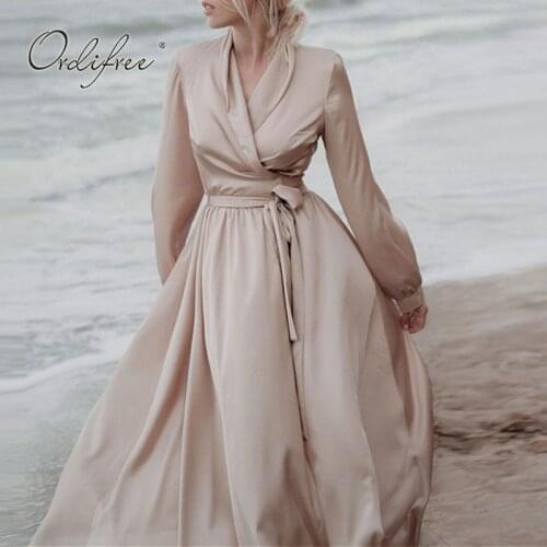 Ordifree 2021 Summer Women Satin Maxi Dress Long Sleeve Vintage Sexy Belted Long Tunic Beach Dress