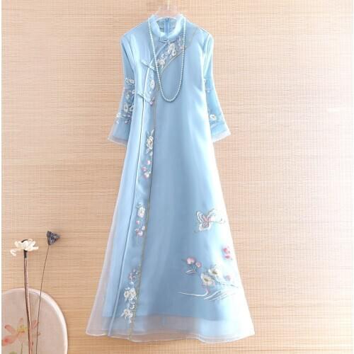 High-end Spring Summer Organza Women Cheongsam Dress Retro Elegant Embroidery 3/4 Sleeve A-line Lady Party Qiapao Dress S-XXL