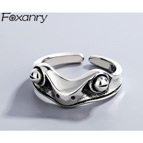 Foxanry 925 Sterling Silver Punk Rings for Women INS Fashion Vintage Handmade Frog Animal Geometric Party Jewelry Gifts