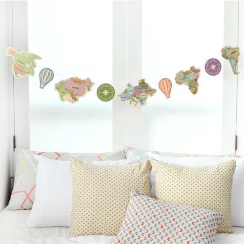 9pcs World Map Paper Banner Pennants Anchor Fire Balloon Compass World Travel String Flag for Kid Birthday Party Home Decoration