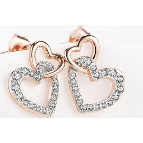 925 Sterling Silver Earrings Heart Crystal CZ Stud Ear Rose Gold Plating For Women Lovely Gifts Fine Jewelry Birthday Gifts New