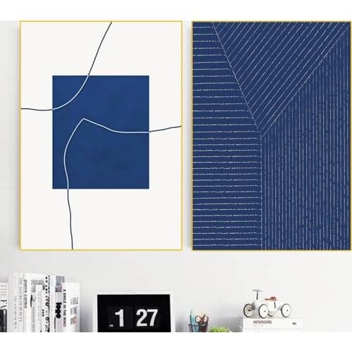 Nordic Abstract Blue White Line Canvas Painting Modern Living Room Wall Decoration Poster Prints Simplicity Home Decor Pictures