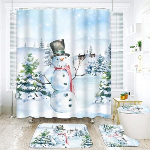 Merry Christmas Snowman White Shower Curtains Set Waterproof Fabric Bathroom Curtain with Hooks Non-Slip Rug Toilet Lid Cover